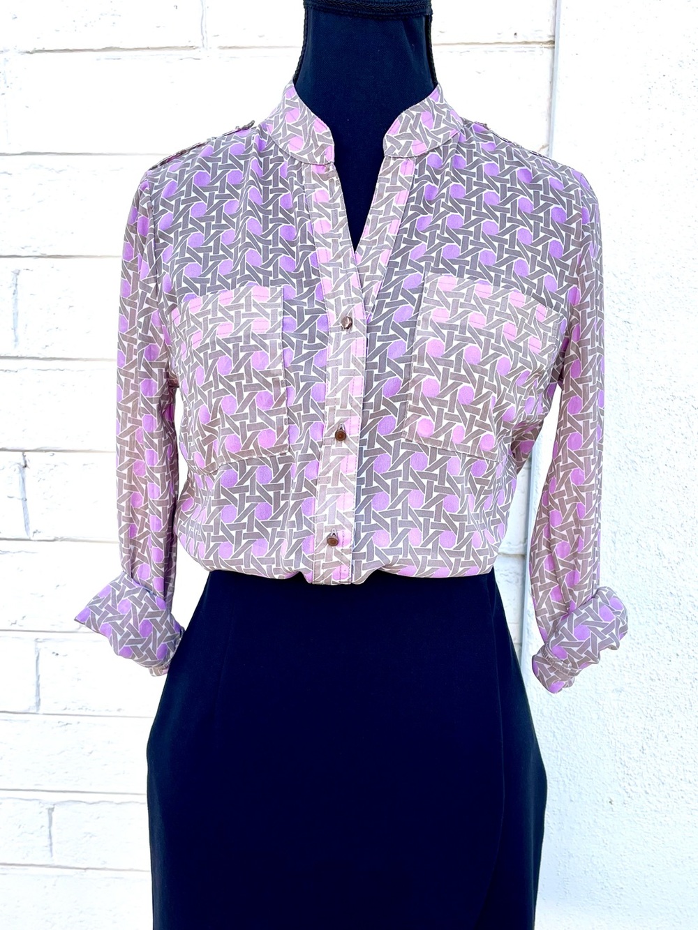 Banana Republic Lavender and Gray Geometric Button-Down Blouse XS